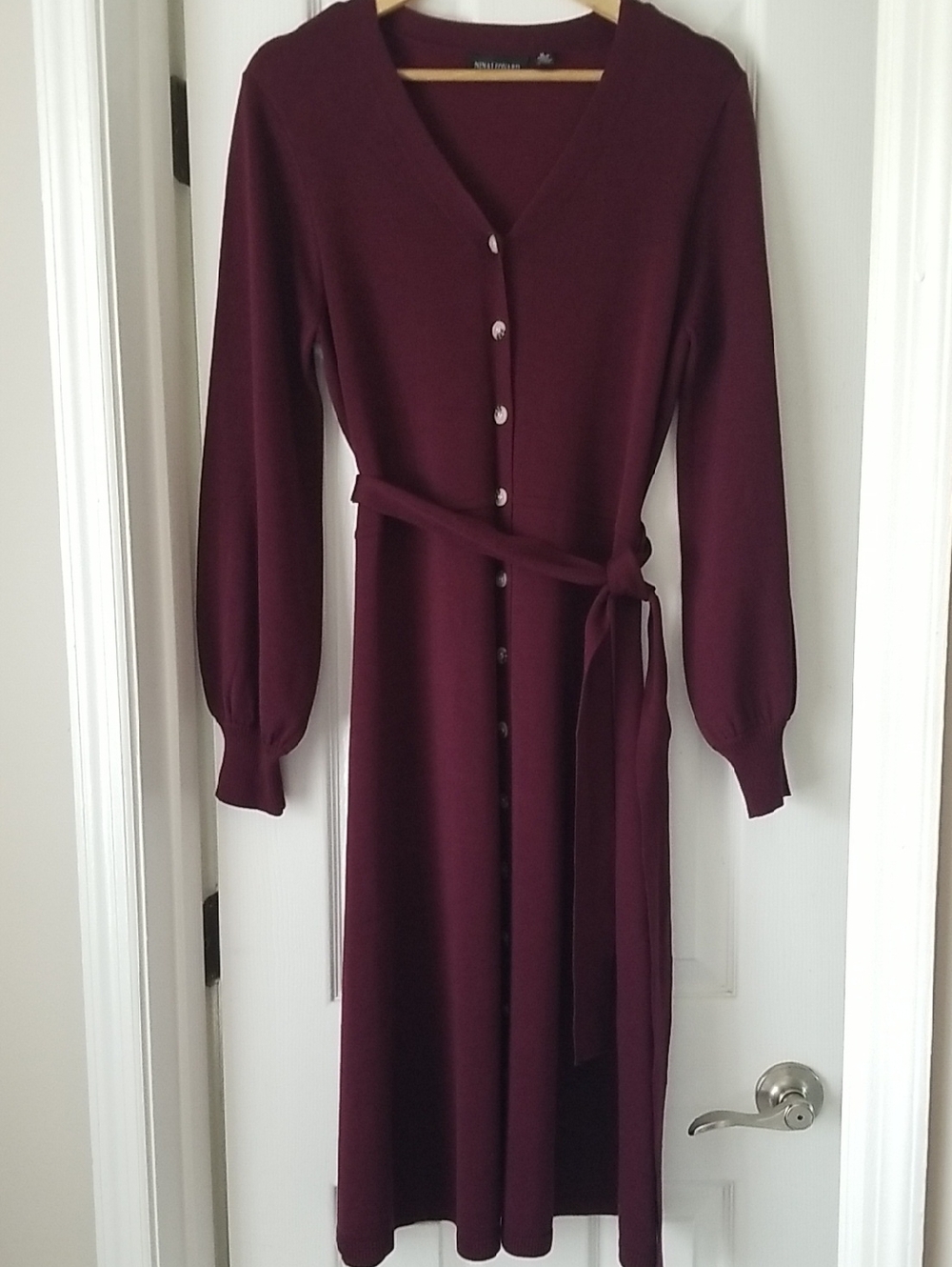 NEW! Nina Leonard Burgundy Button-Front Midi Dress with Self Tie